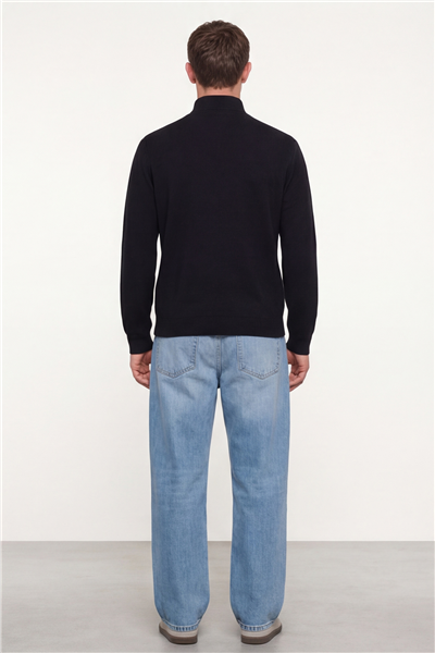 Erkek Siyah Normal Kesim Regular Fit Yünlü Fermuarlı Dik Yaka Triko Kazak