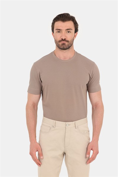 Erkek Taba Normal Kesim Regular Fit %100 Pamuk Dokuma Bisiklet Yaka Basic T-Shirt