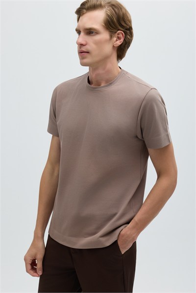 Erkek Taba Normal Kesim Regular Fit %100 Pamuk Dokuma Bisiklet Yaka Basic T-Shirt