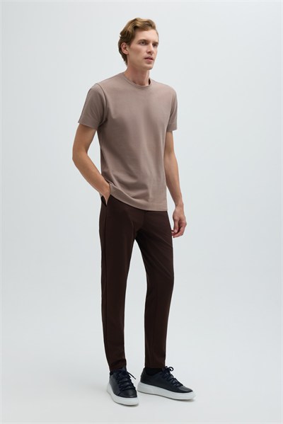 Erkek Taba Normal Kesim Regular Fit %100 Pamuk Dokuma Bisiklet Yaka Basic T-Shirt