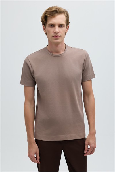 Erkek Taba Normal Kesim Regular Fit %100 Pamuk Dokuma Bisiklet Yaka Basic T-Shirt