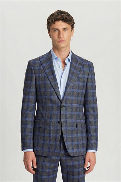 Giotelli Gri Slim Fit Ekose Desenli Mono Yaka Takım Elbise