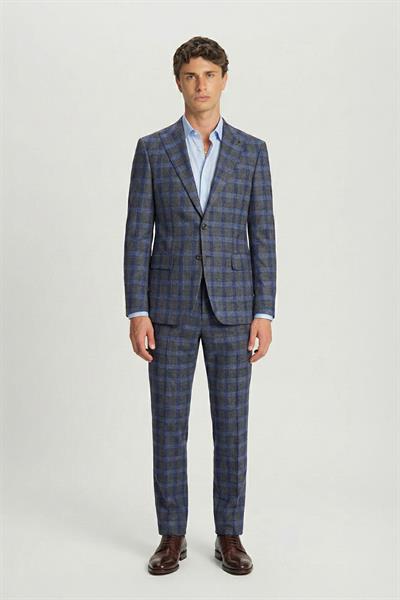 Giotelli Gri Slim Fit Ekose Desenli Mono Yaka Takım Elbise