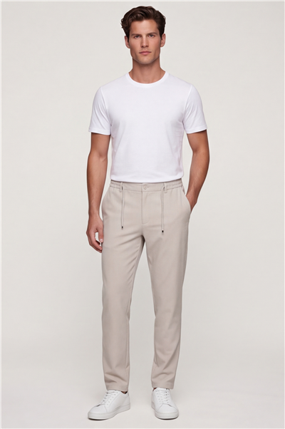 Erkek Taş Renk Regular Fit Standart Boy Dokuma Armürlü Pantolon