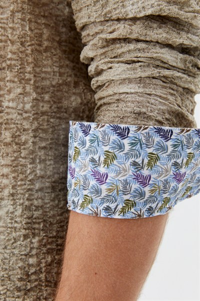 Erkek Vizon Dar Kesim Slim Fit %100 Pamuk Baskılı Düğmeli Yaka Gömlek