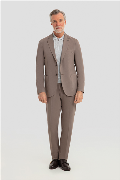 Erkek Vizon Dar Kesim Slim Fit Modal Kumaş Mono Yaka Lastikli Bel Astarsız 6 Drop Takım Elbise