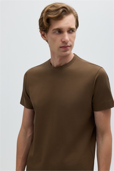 Erkek Vizon Normal Kesim Regular Fit %100 Pamuk Dokuma Bisiklet Yaka Basic T-Shirt