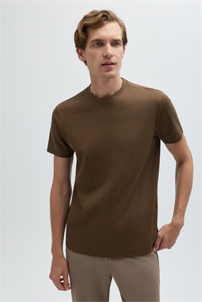 Erkek Vizon Normal Kesim Regular Fit %100 Pamuk Dokuma Bisiklet Yaka Basic T-Shirt