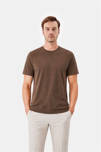 Erkek Vizon Normal Kesim Regular Fit %100 Pamuk Dokuma Bisiklet Yaka Basic T-Shirt