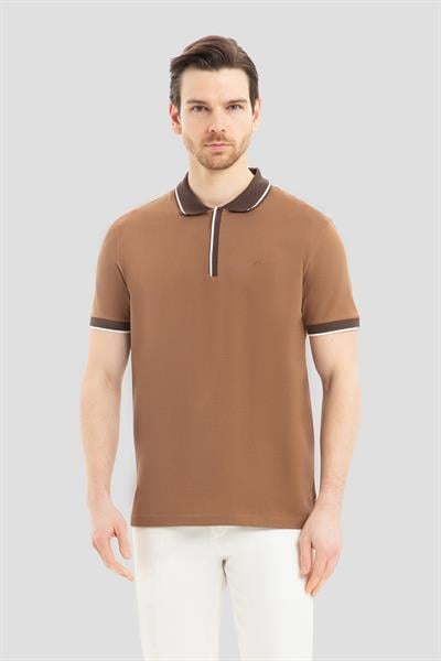 Fermuarlı Polo Yaka  Erkek T-Shirt Açık Kahve