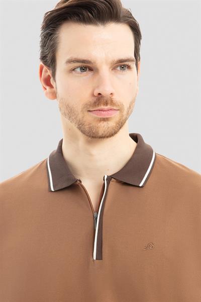 Fermuarlı Polo Yaka  Erkek T-Shirt Açık Kahve