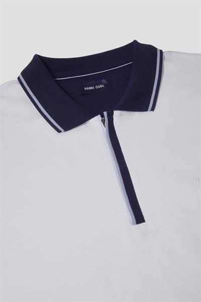 Fermuarlı Polo Yaka  Erkek T-Shirt Beyaz