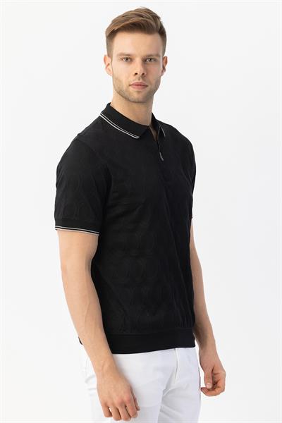 FERMUARLI POLO YAKA ERKEK T-SHIRT Siyah