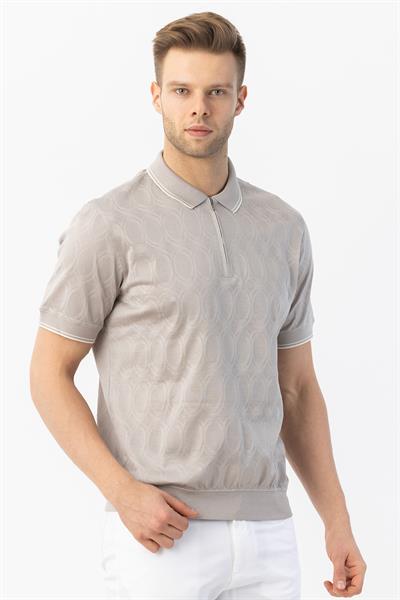 FERMUARLI POLO YAKA ERKEK T-SHIRT Açık Bej