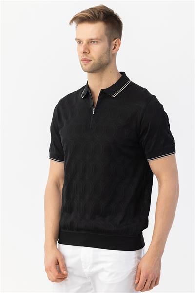 FERMUARLI POLO YAKA ERKEK T-SHIRT Siyah