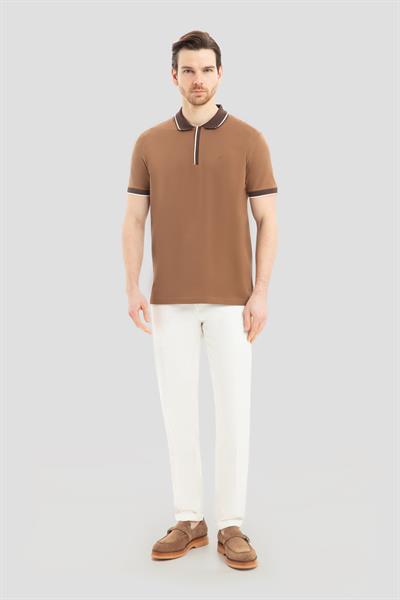 Fermuarlı Polo Yaka  Erkek T-Shirt Açık Kahve
