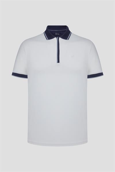 Fermuarlı Polo Yaka  Erkek T-Shirt Beyaz