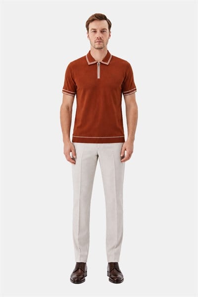 Fermuarlı Polo Yaka Triko T-Shirt Zencefil