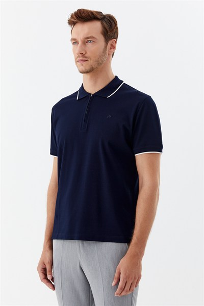 Lacivert Regular Fit %100 Pamuk Fermuarlı Polo Yaka T-shirt