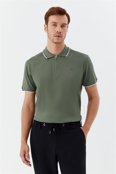 Yeşil Regular Fit %100 Pamuk Fermuarlı Polo Yaka T-shirt