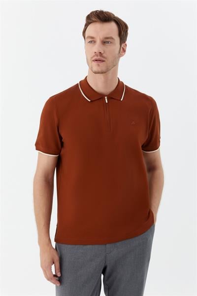 Kahve Regular Fit %100 Pamuk Fermuarlı Polo Yaka T-shirt