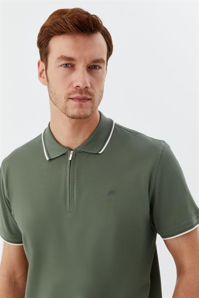 Yeşil Regular Fit %100 Pamuk Fermuarlı Polo Yaka T-shirt