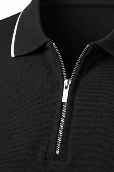 Erkek Siyah Normal Kesim Regular Fit %100 Pamuk Fermuarlı Polo Yaka Pike Tişört