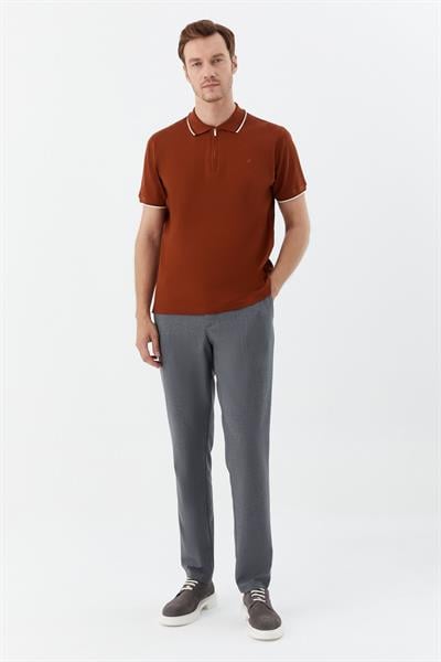 Kahve Regular Fit %100 Pamuk Fermuarlı Polo Yaka T-shirt