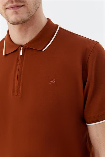 Kahve Regular Fit %100 Pamuk Fermuarlı Polo Yaka T-shirt