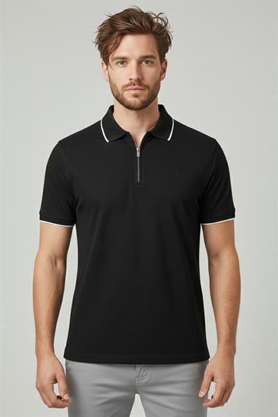 Erkek Siyah Normal Kesim Regular Fit %100 Pamuk Fermuarlı Polo Yaka Pike Tişört