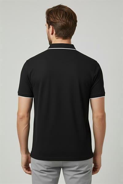 Erkek Siyah Normal Kesim Regular Fit %100 Pamuk Fermuarlı Polo Yaka Pike Tişört