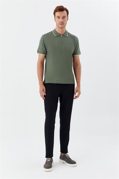 Yeşil Regular Fit %100 Pamuk Fermuarlı Polo Yaka T-shirt