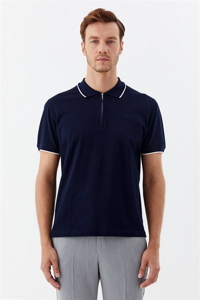 Lacivert Regular Fit %100 Pamuk Fermuarlı Polo Yaka T-shirt