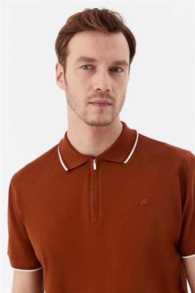 Kahve Regular Fit %100 Pamuk Fermuarlı Polo Yaka T-shirt