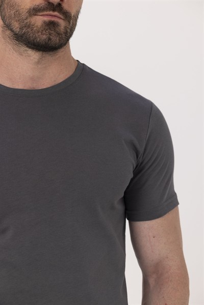 Füme %100 Pamuk Bisiklet Yaka Düz Renk Basic T-Shirt