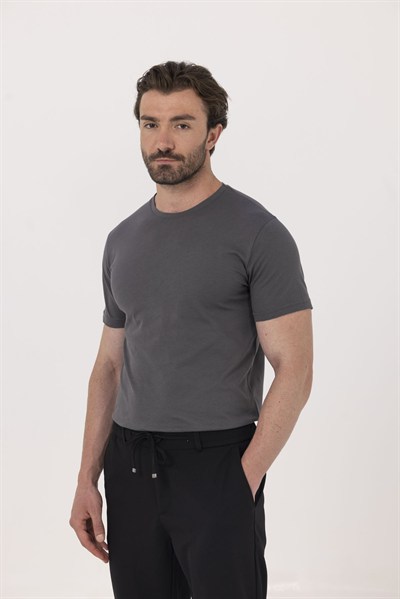 Füme %100 Pamuk Bisiklet Yaka Düz Renk Basic T-Shirt
