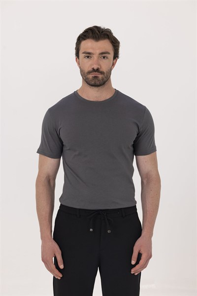 Füme %100 Pamuk Bisiklet Yaka Düz Renk Basic T-Shirt