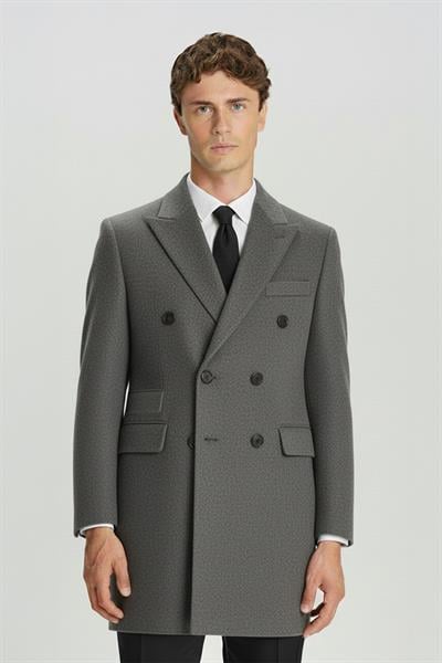 Giotelli Antrasit Slim Fit Yün Karışımlı Sivri Yaka Kruvaze 6 Drop Orta Boy Erkek Palto