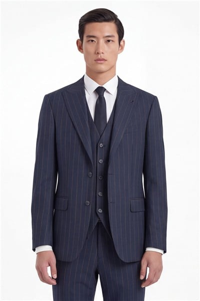 Giotelli Erkek Füme Dar Kesim Slim Fit Viskon Çizgili Mono Yaka Tam Astarlı 6 Drop Yelekli Takım Elbise