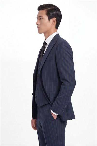 Giotelli Erkek Füme Dar Kesim Slim Fit Viskon Çizgili Mono Yaka Tam Astarlı 6 Drop Yelekli Takım Elbise