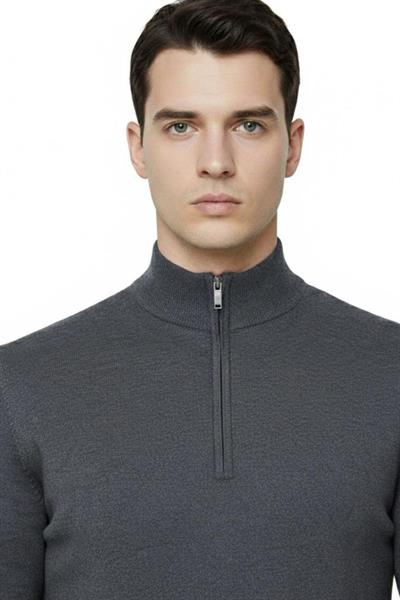 Antrasit Regular Fit Pamuk Karışımlı Fermuarlı Yarım Balıkçı Yaka Triko Kazak