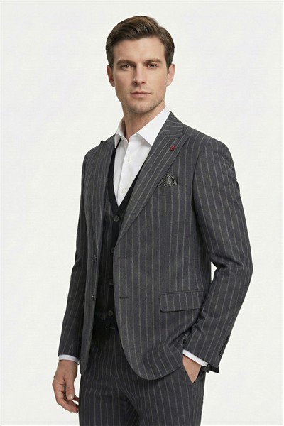 Giotelli Erkek Antrasit Dar Kesim Slim Fit Viskon 6 Drop Triko Yelekli Takım Elbise