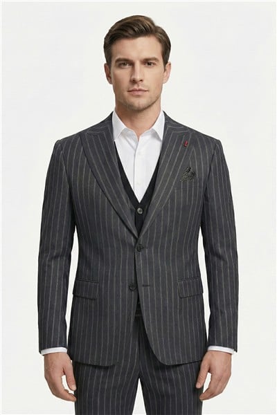 Giotelli Erkek Antrasit Dar Kesim Slim Fit Viskon 6 Drop Triko Yelekli Takım Elbise