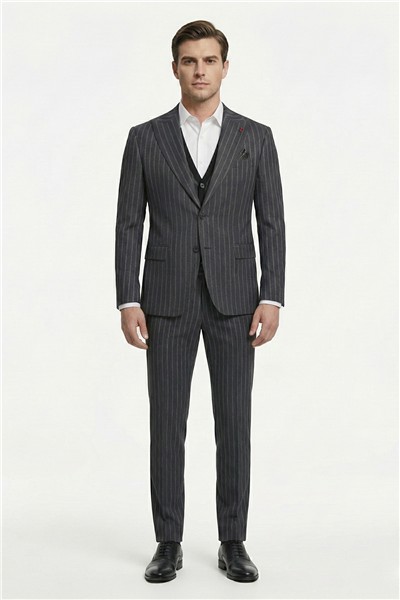 Giotelli Erkek Antrasit Dar Kesim Slim Fit Viskon 6 Drop Triko Yelekli Takım Elbise