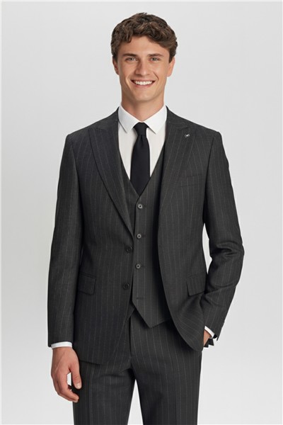 Giotelli Antrasit Regular Fit Çizgili Desenli Yelekli Kabanlı 4lü 6 Drop Erkek Takım Elbise Seti
