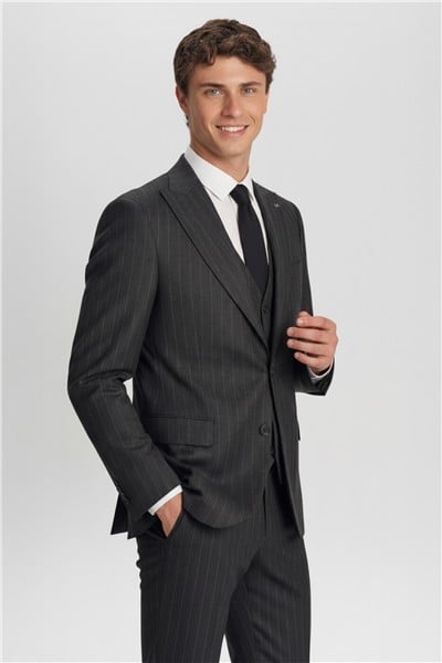 Giotelli Antrasit Regular Fit Çizgili Desenli Yelekli Kabanlı 4lü 6 Drop Erkek Takım Elbise Seti