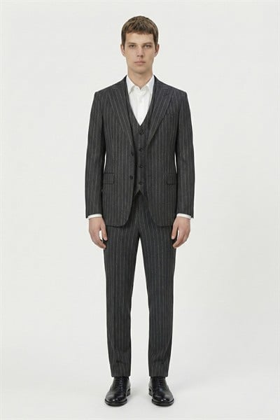 Giotelli Antrasit Slim Fit Çizgili Mono Yaka Yelekli 6 Drop Tam Astarlı Erkek Takım Elbise