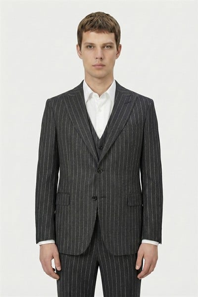 Giotelli Antrasit Slim Fit Çizgili Mono Yaka Yelekli 6 Drop Tam Astarlı Erkek Takım Elbise