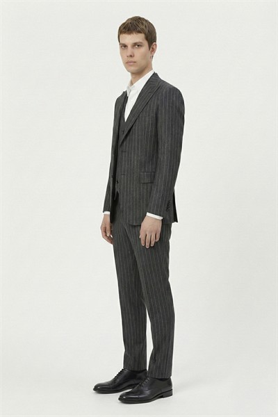 Giotelli Antrasit Slim Fit Çizgili Mono Yaka Yelekli 6 Drop Tam Astarlı Erkek Takım Elbise