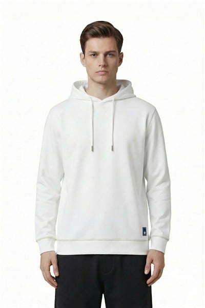 Giotelli Erkek Beyaz Normal Kesim Regular Fit Pamuklu Kapüşonlu Yaka Sweatshirt